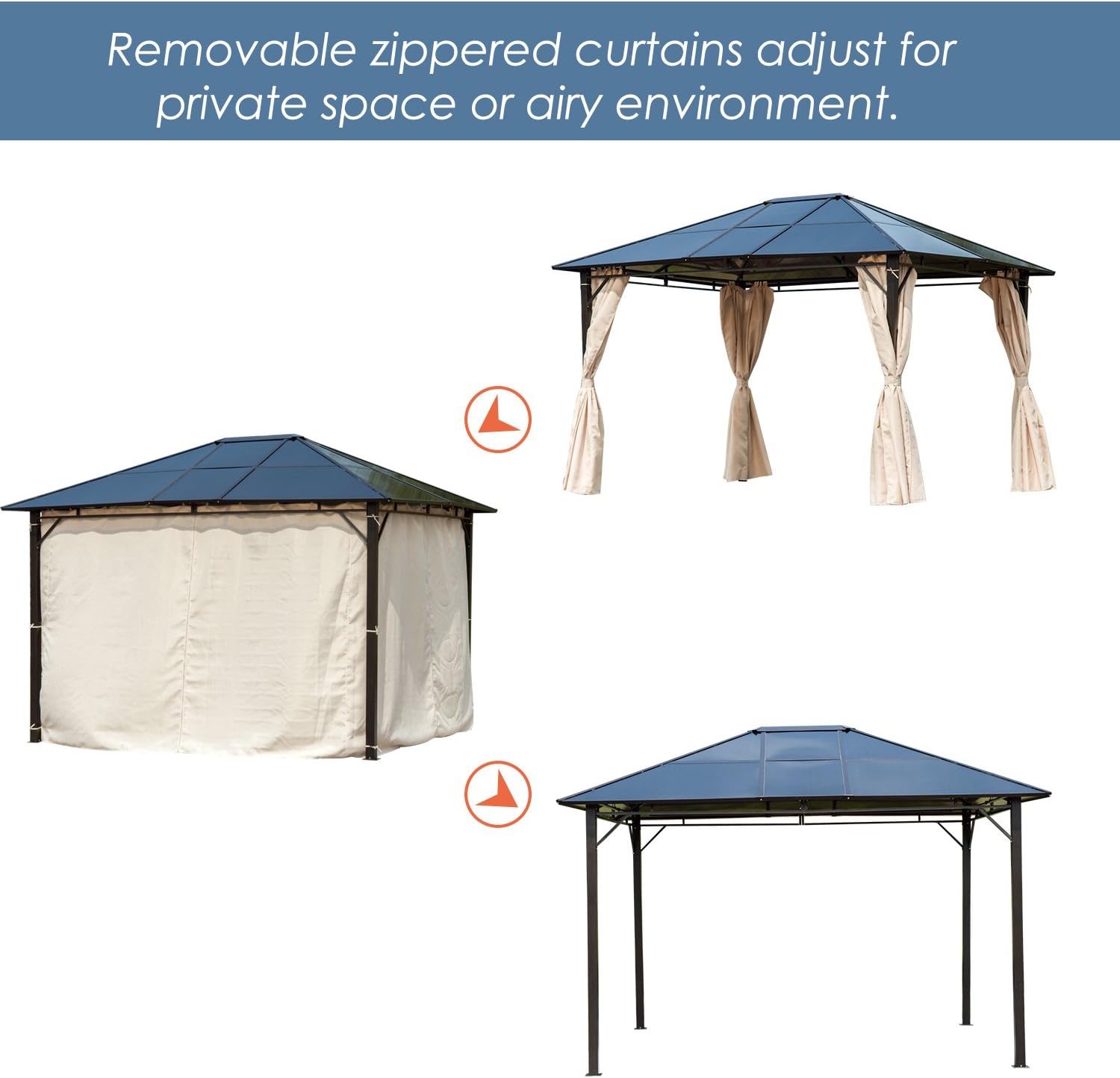 10x12 Hardtop Gazebo with Metal Frame, Polycarbonate Canopy with Curtains Q822