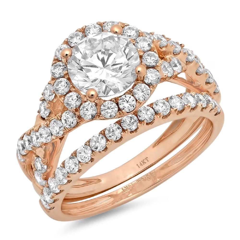 1.92 ct Genuine Cultured Diamond 18K Rose Gold Halo Engagement Ring Set size 3.5 N481777