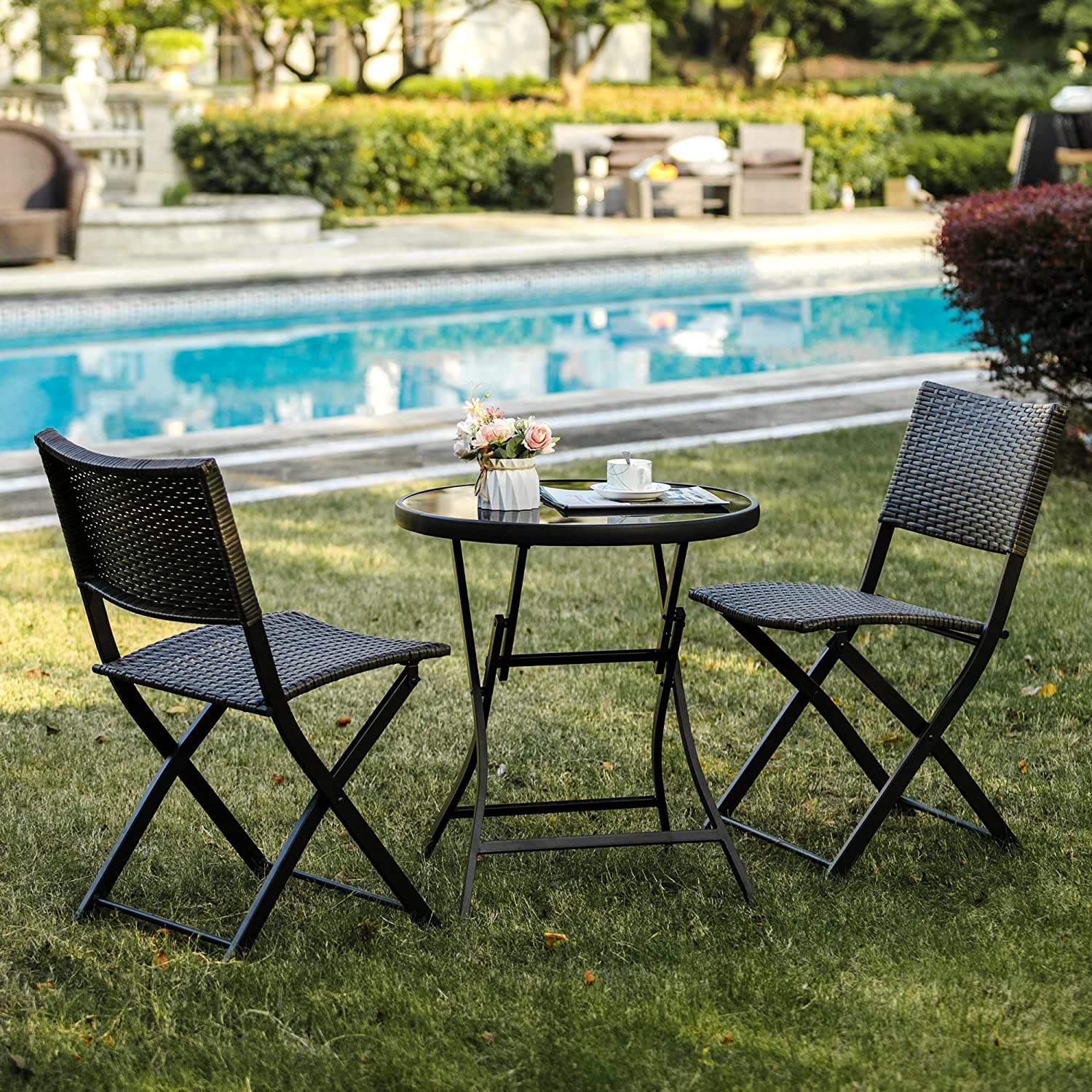 3 Pieces Wicker Patio Bistro Set with Folding Round Table and Chairs O677702