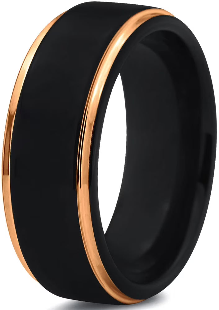 Tungsten Wedding Band Ring 8mm Black 18K Yellow Gold Plated Stepped Edge Polished Size 5.5 J74420