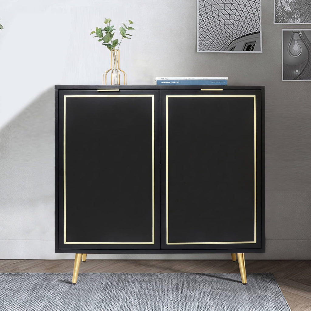Modern Accent 2 Doors Storage Cabinet with Golden Legs and Matte Black Finish F416