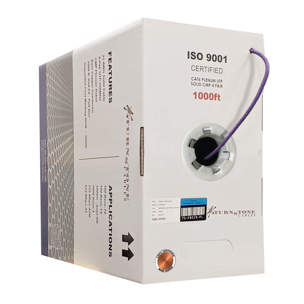 Cat6 Plenum (CMP) 1000ft Cable, 23AWG Solid Bare Copper UTP Bulk Ethernet Cable O1968