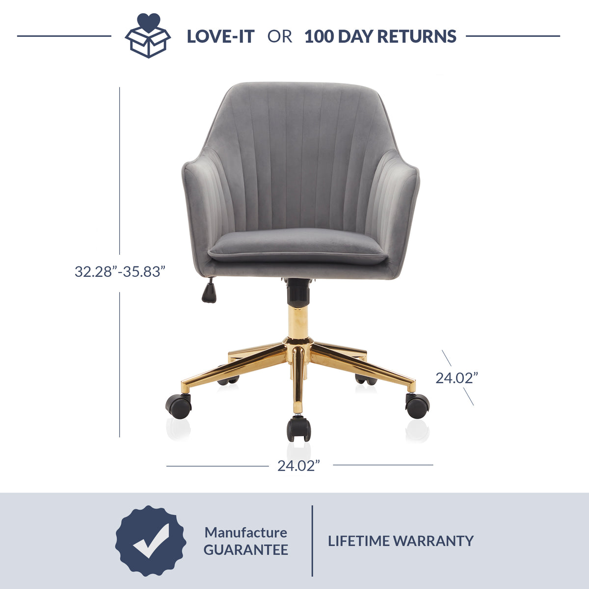 Gray Velvet Swivel Rolling Desk Chair with Adjustable Height G7155