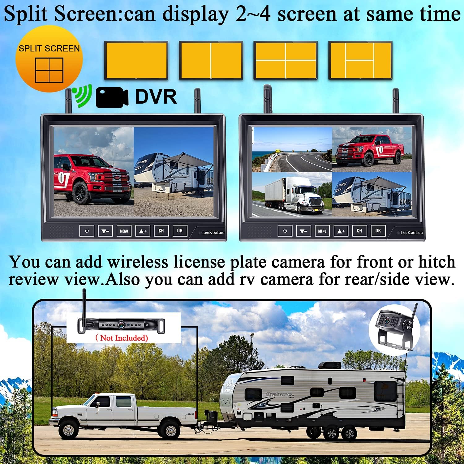 Wireless 7 Inch HD 1080P DVR Monitor with 2 Rear View Cameras N2965