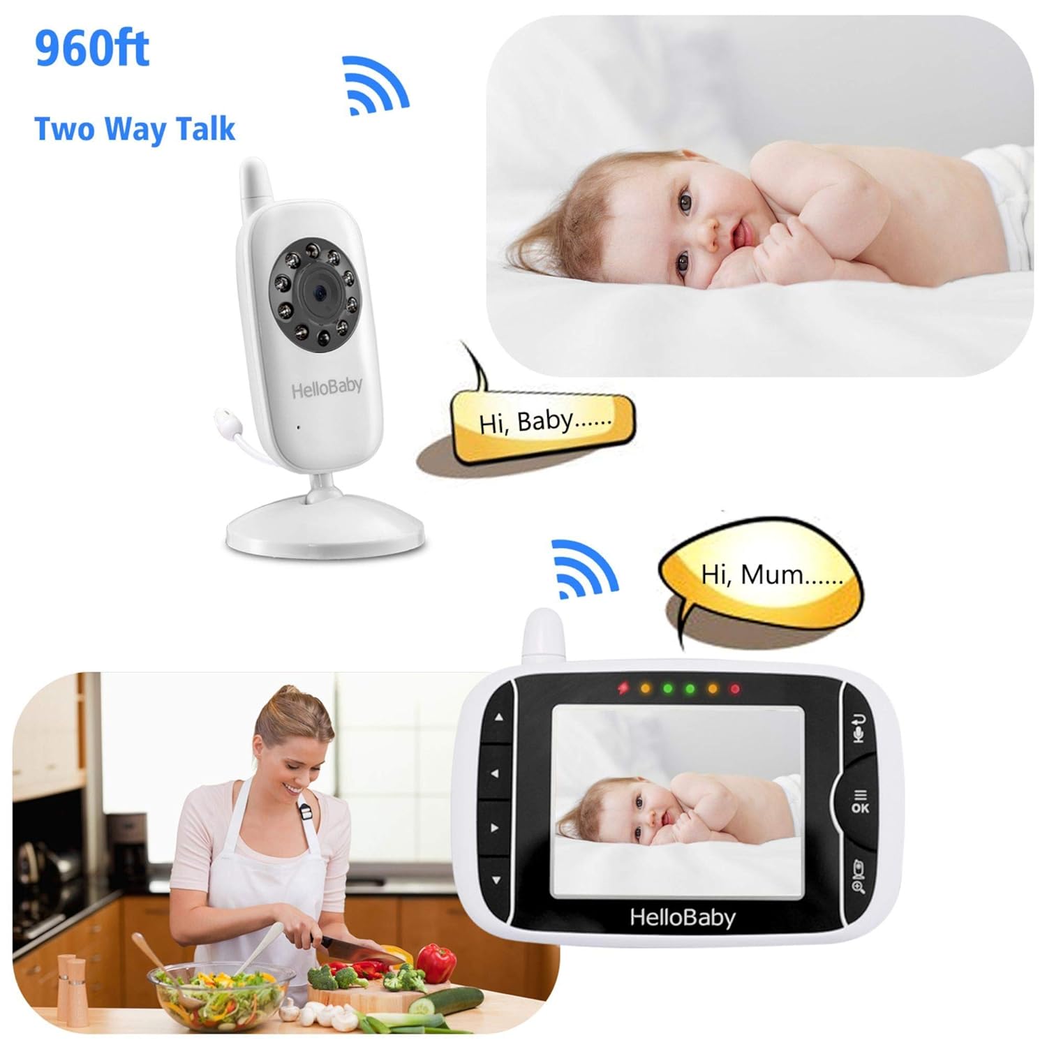 Video Baby Monitor with Camera and Audio, Night Vision, Talk Back, 960ft Range, Pack of 2 C13654