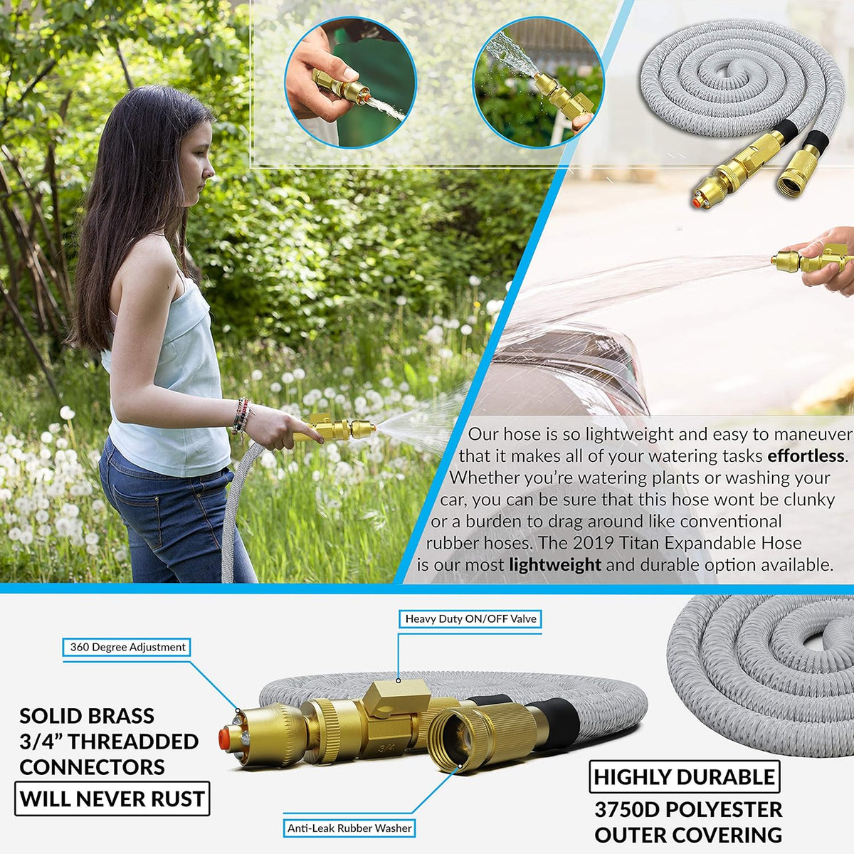 75FT Expandable Garden Hose with Brass Fittings and Jet Nozzle E65507