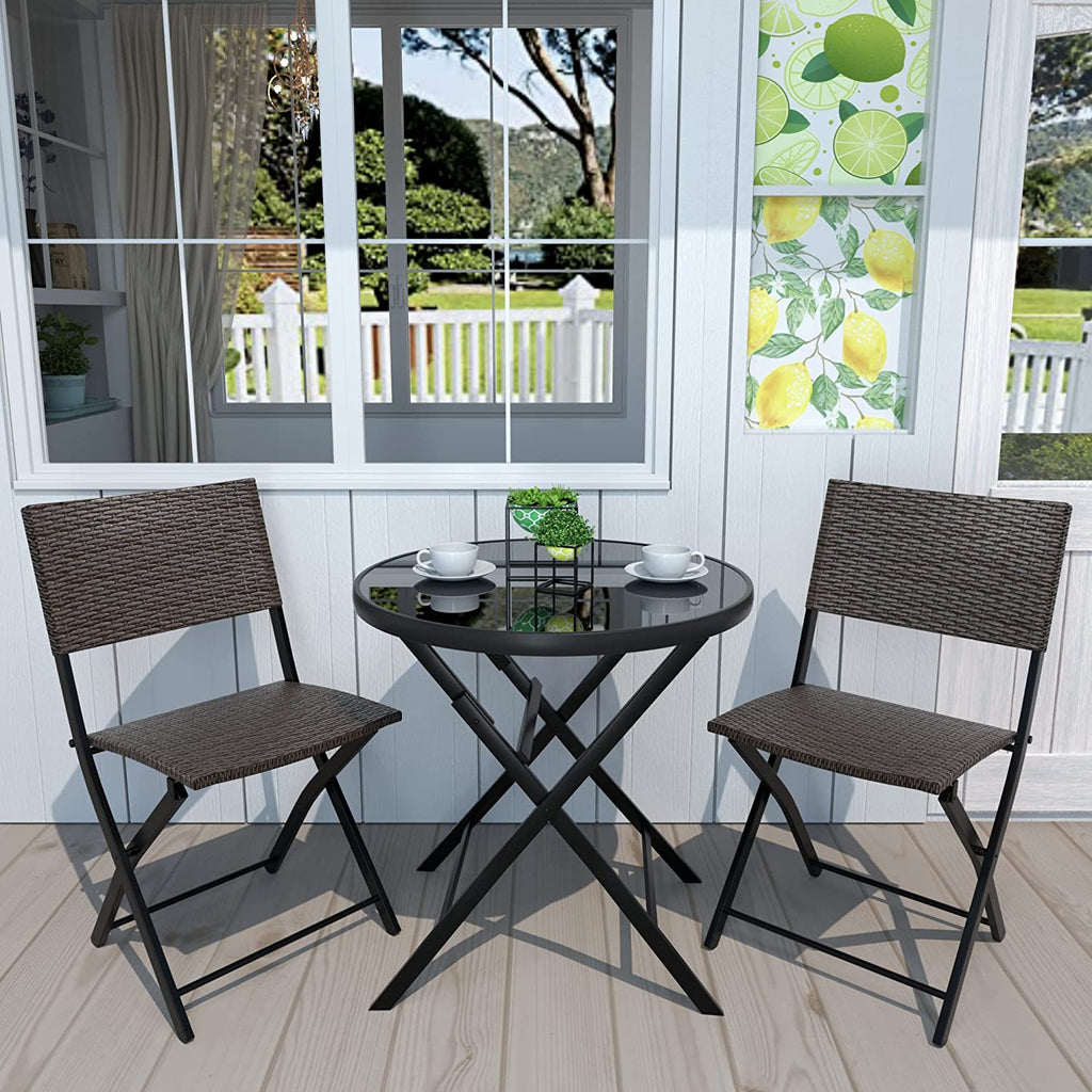 3 Pieces Wicker Patio Bistro Set with Folding Round Table and Chairs O677702