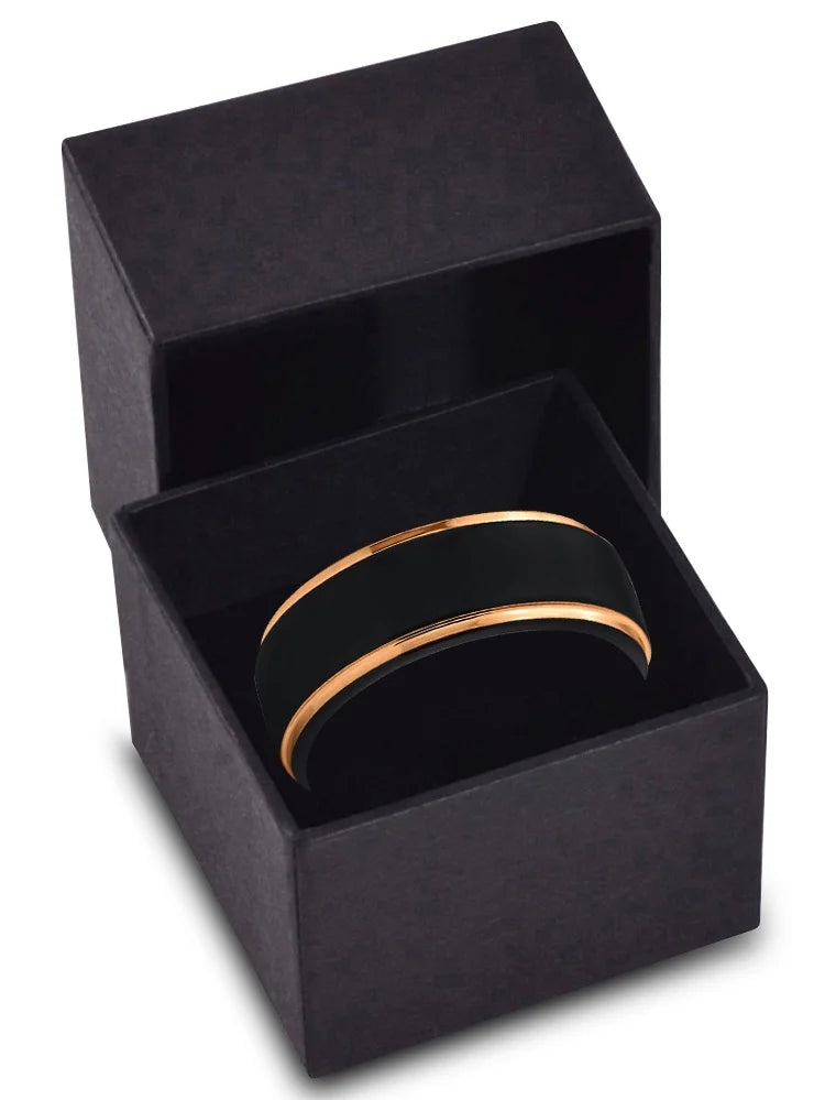 Tungsten Wedding Band Ring 8mm Black 18K Yellow Gold Plated Stepped Edge Polished Size 5.5 J74420