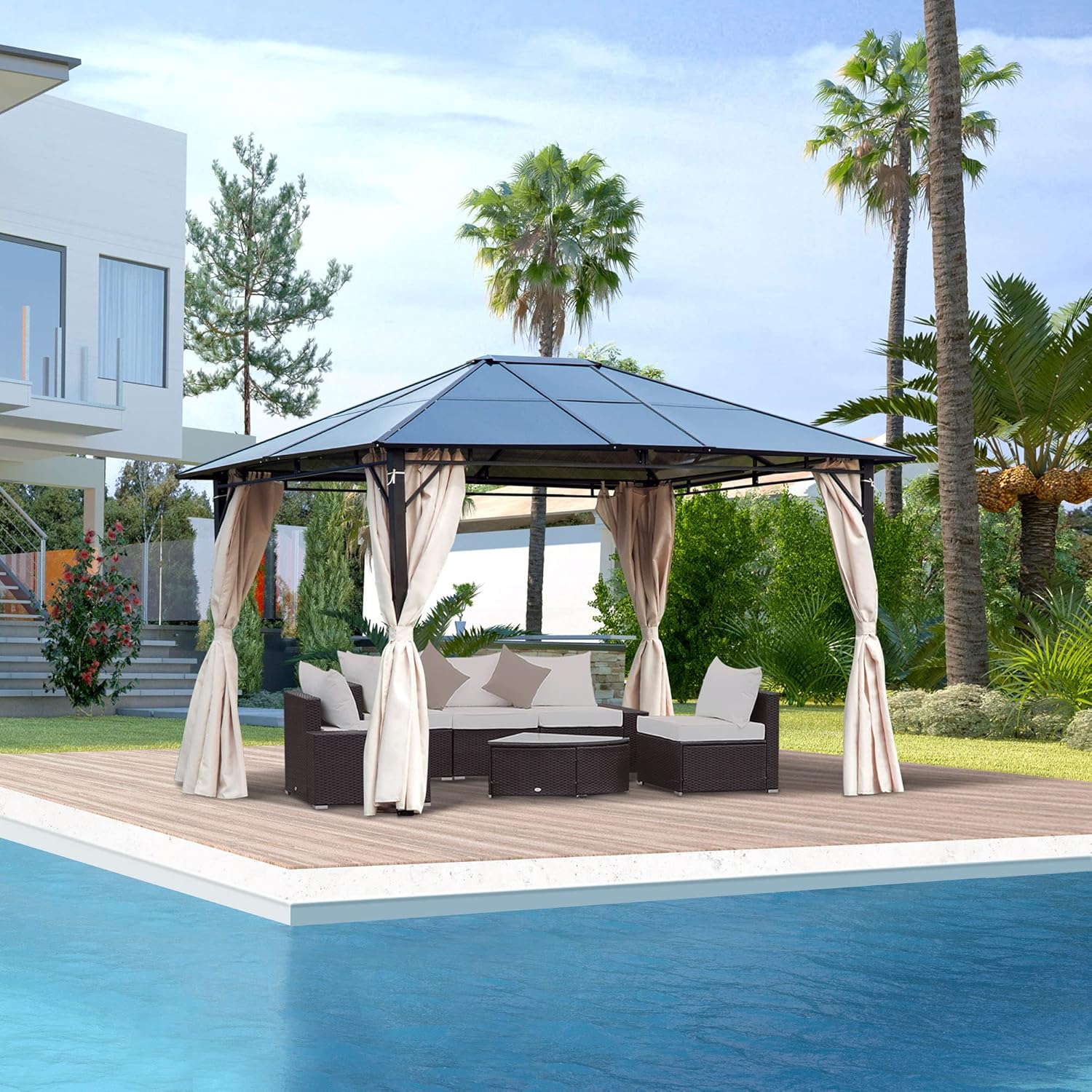 10x12 Hardtop Gazebo with Metal Frame, Polycarbonate Canopy with Curtains Q822