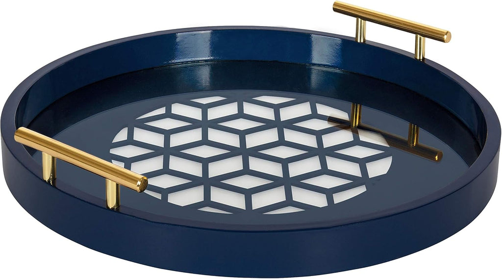 Navy and Gold Round Decorative Tray with Metal Handles M9544