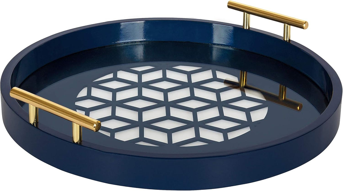 Navy and Gold Round Decorative Tray with Metal Handles M9544