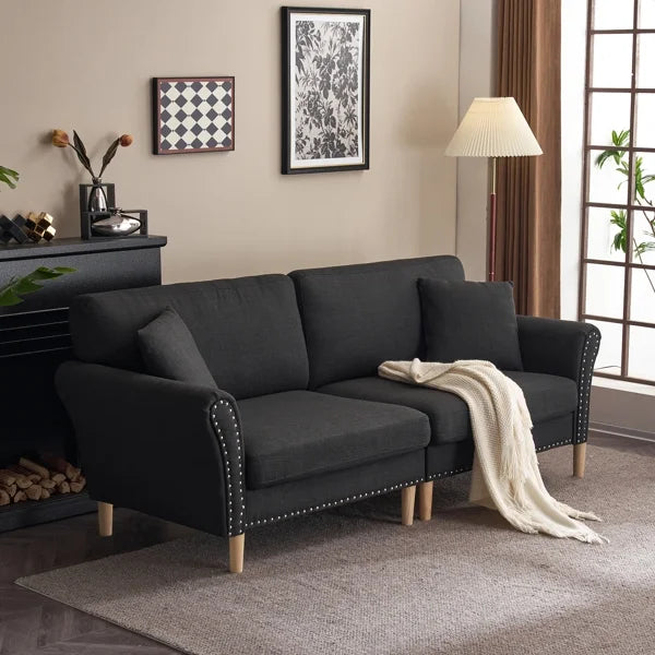 Black Upholstered 2-Seat Loveseat Sofa with 2 Pillows J738701