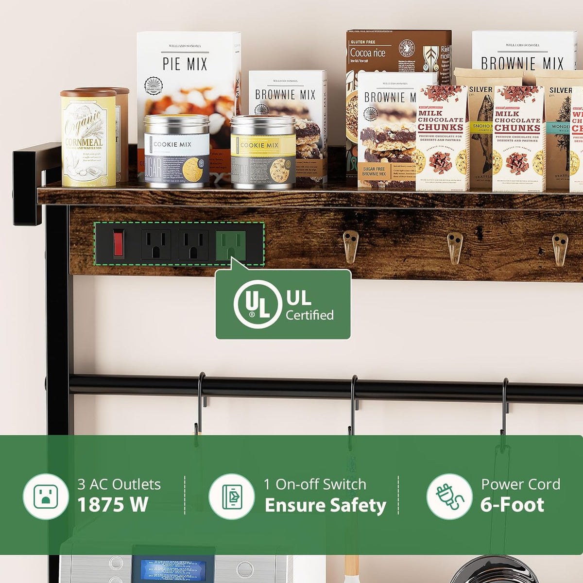 Large Bakers Rack with Power Outlets, 15 Hooks, 3 Wire Basket, Microwave Stand Kitchen Storage Shelf, 38.8 x 16.3 x 62.2 Inches, Rustic Brown B5355