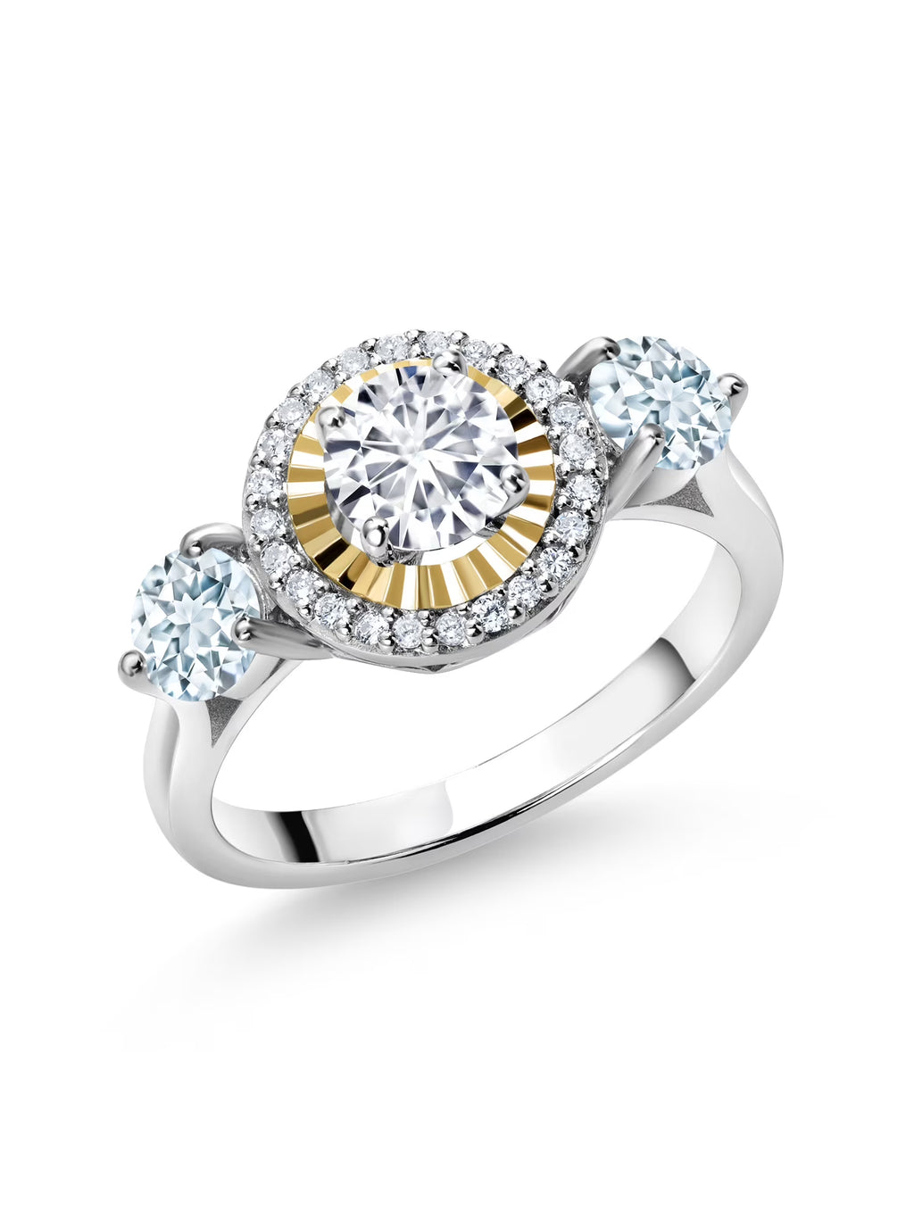 1.12 Ct Lab Grown Diamond Aquamarine 925 Silver 10K Yellow Gold 3 Stone Engagement Ring K43364
