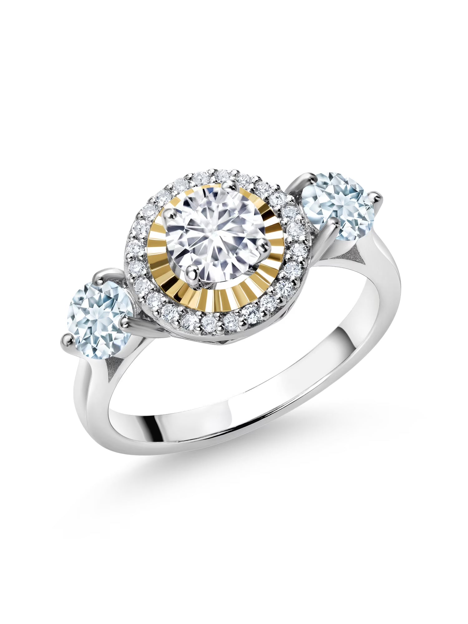 1.12 Ct Lab Grown Diamond Aquamarine 925 Silver 10K Yellow Gold 3 Stone Engagement Ring K43364