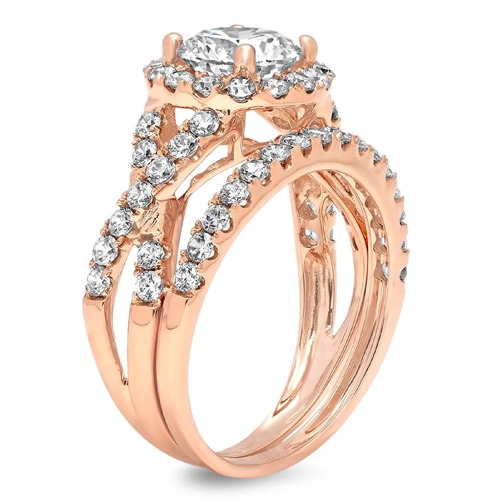 1.92 ct Genuine Cultured Diamond 18K Rose Gold Halo Engagement Ring Set size 3.5 N481777
