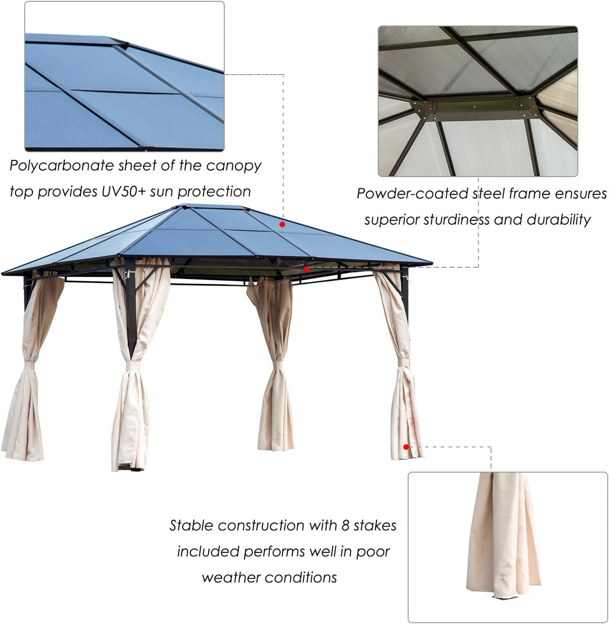 10x12 Hardtop Gazebo with Metal Frame, Polycarbonate Canopy with Curtains Q822