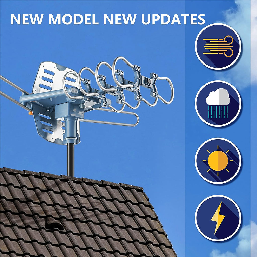 Outdoor TV Antenna with Mount Pole 4K/1080p Reception, 40feet RG6 Coaxial Cable, 360 Degree Rotation Wireless Remote, 2 TVs Function U11571