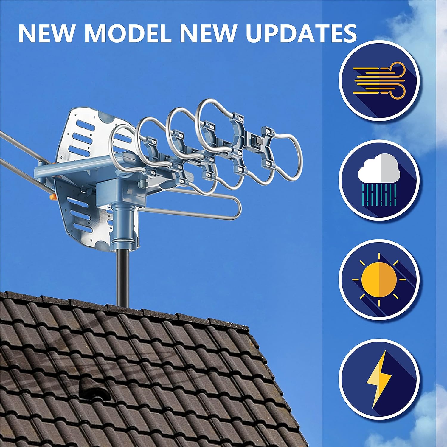 Outdoor TV Antenna with Mount Pole 4K/1080p Reception, 40feet RG6 Coaxial Cable, 360 Degree Rotation Wireless Remote, 2 TVs Function U11571