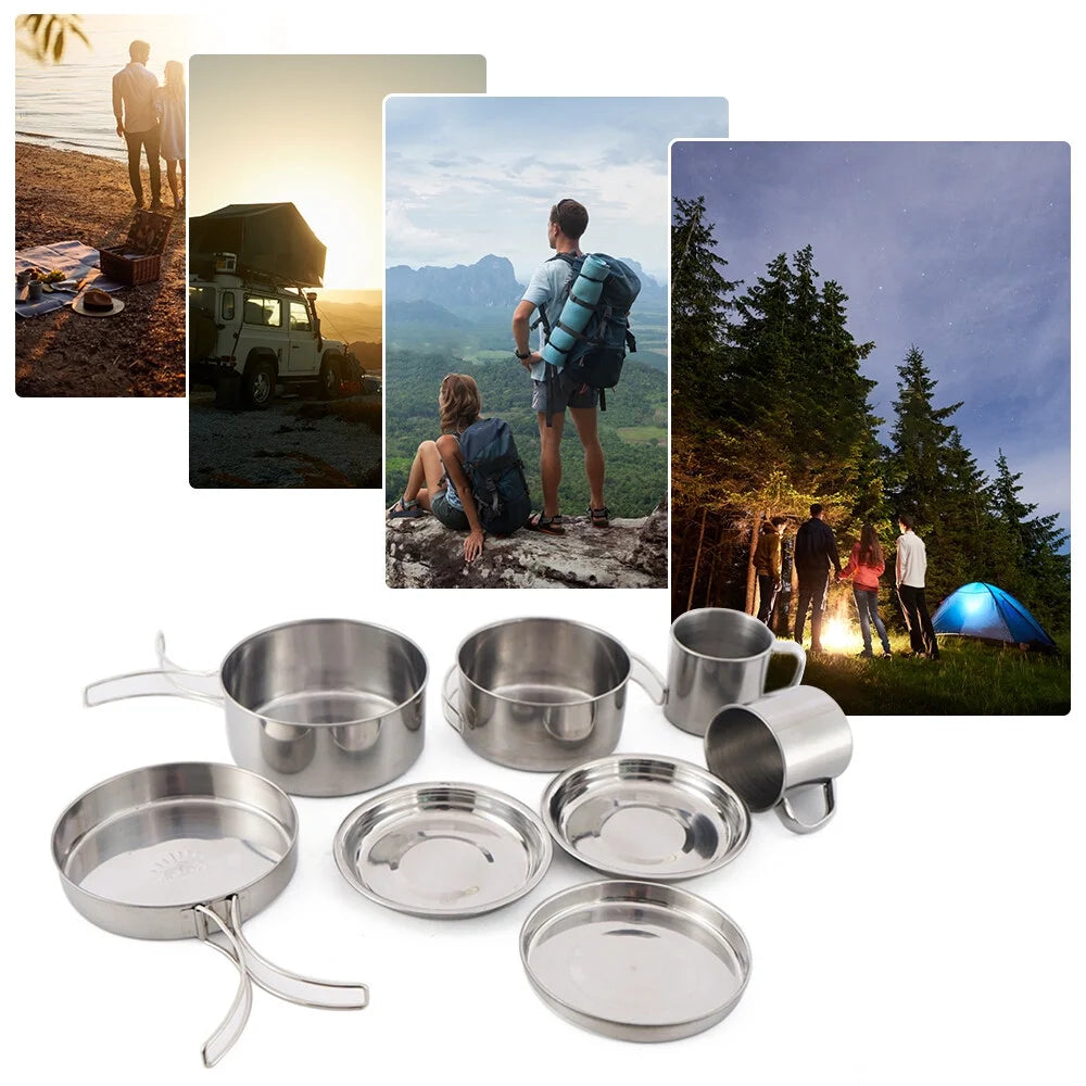 Stainless Steel Camping Cookware Mess Kit 8PCS with Plates Cups H88387