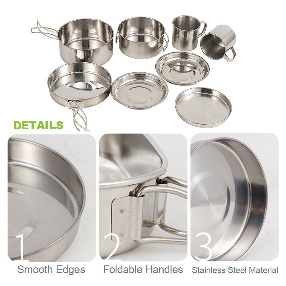 Stainless Steel Camping Cookware Mess Kit 8PCS with Plates Cups H88387