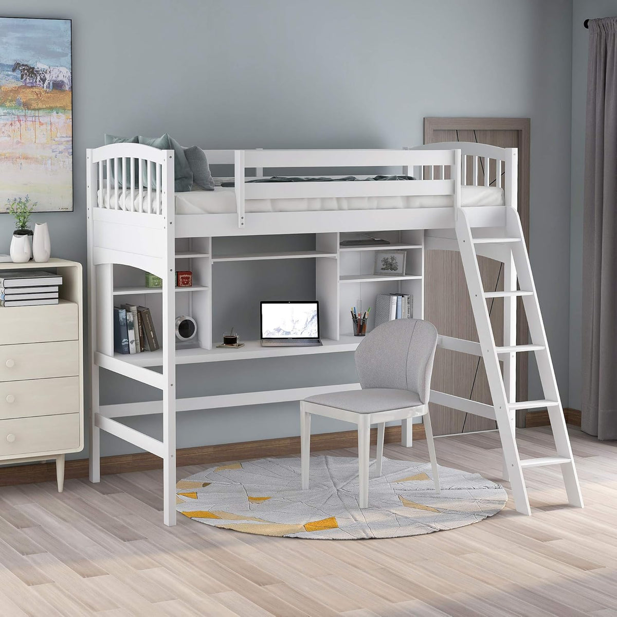 Solid Wood Twin Loft Bed with Desk and Bookshelf (Espresso) T9576