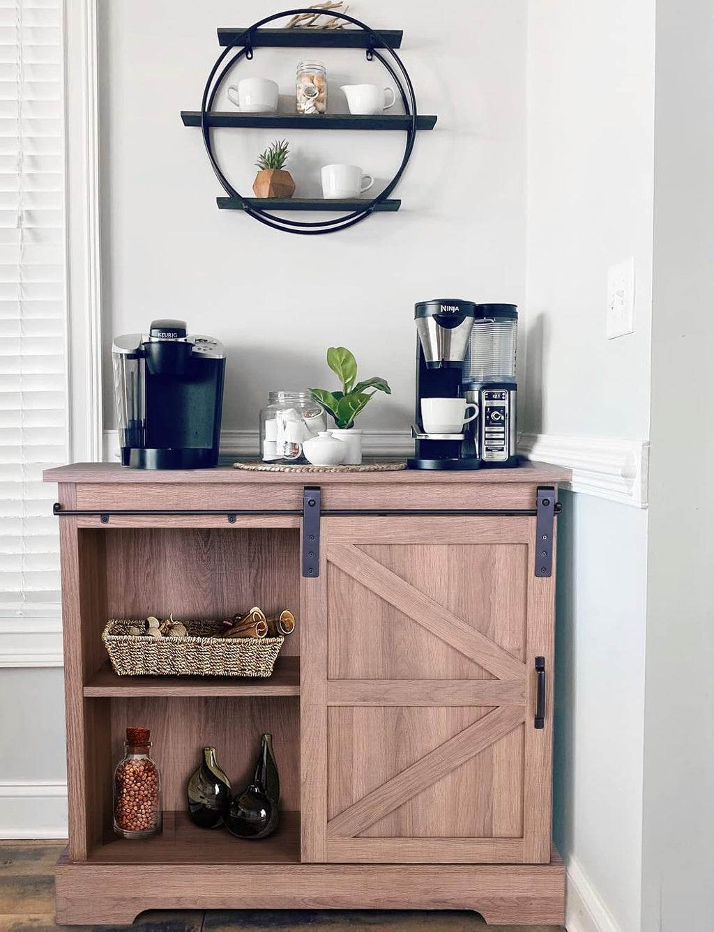 Oak Ivory Sliding Door Coffee Bar Cabinet R252653