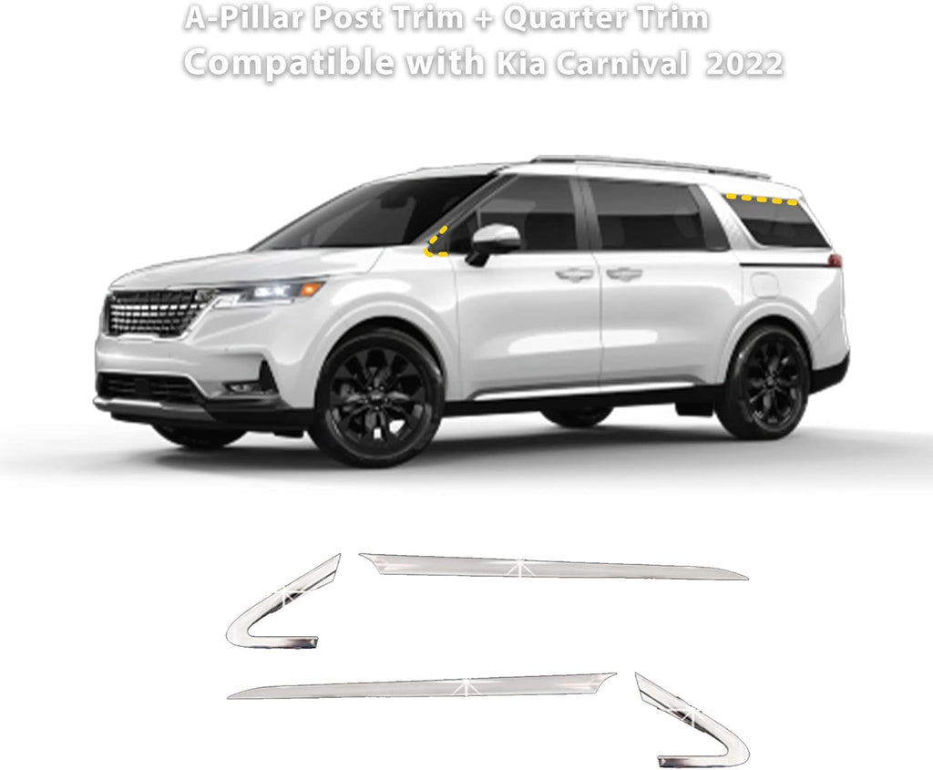 A-Pillar Post Trim and Quarter Trim for Kia Carnival 2022 (4PCs) Chrome Finish Tape-On Style E915