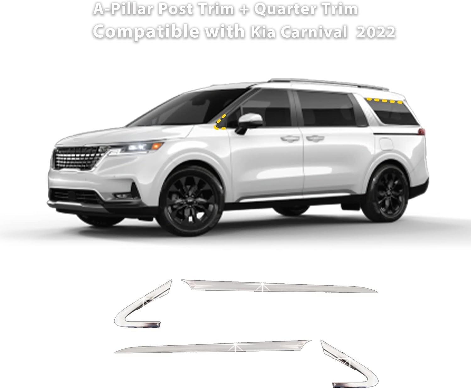 A-Pillar Post Trim and Quarter Trim for Kia Carnival 2022 (4PCs) Chrome Finish Tape-On Style E915