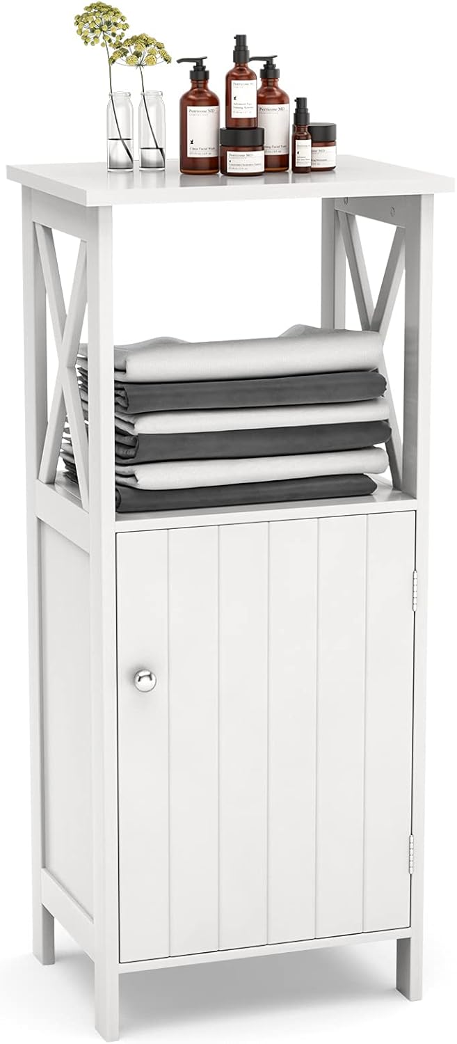 White Wooden Freestanding Bathroom Floor Cabinet with Single Door and Adjustable Shelf J14041
