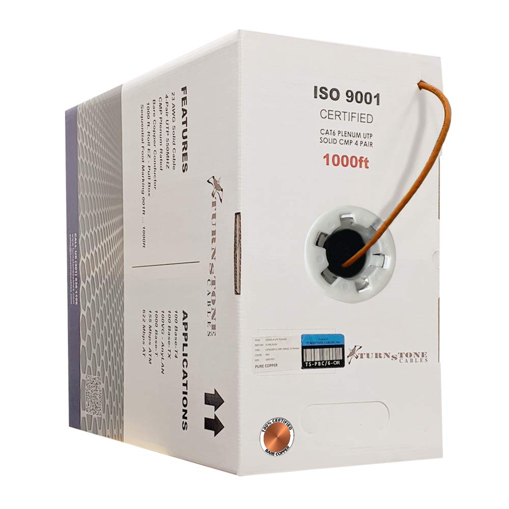 Cat6 Plenum (CMP) 1000ft Cable, 23AWG Solid Bare Copper UTP Bulk Ethernet Cable O1968