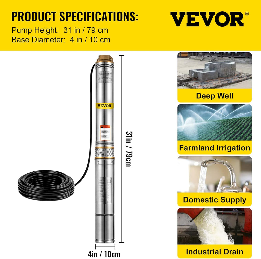 1 HP 33GPM 207ft Head 9.8ft Cable Stainless Steel Submersible Well Pump V95921