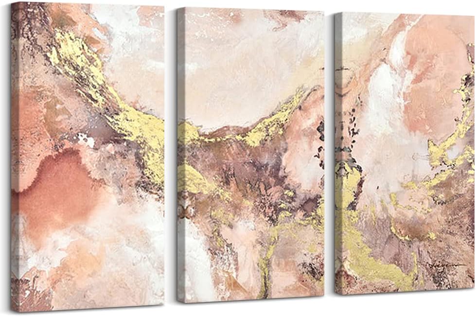 3 Pieces Pink and Gold Canvas Wall Art, 16x32 Inch P527115