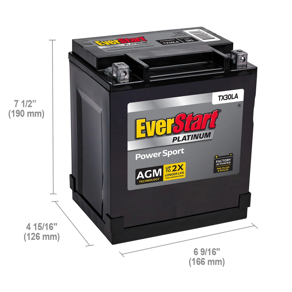 Premium BOXED AGM PowerSport Battery, Group Size TX30LA 12Volt, 385 CCA X419552