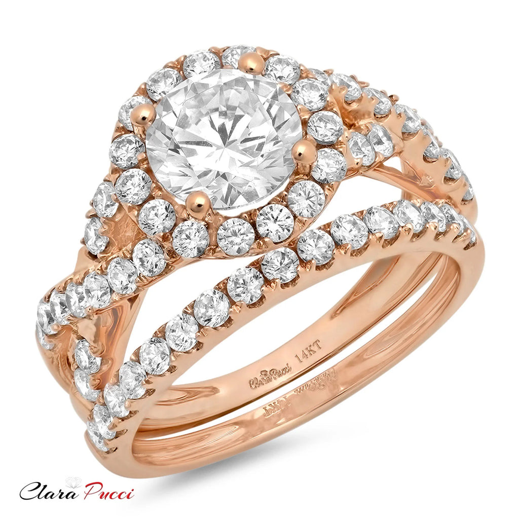 1.92 ct Genuine Cultured Diamond 18K Rose Gold Halo Engagement Ring Set size 3.5 N481777