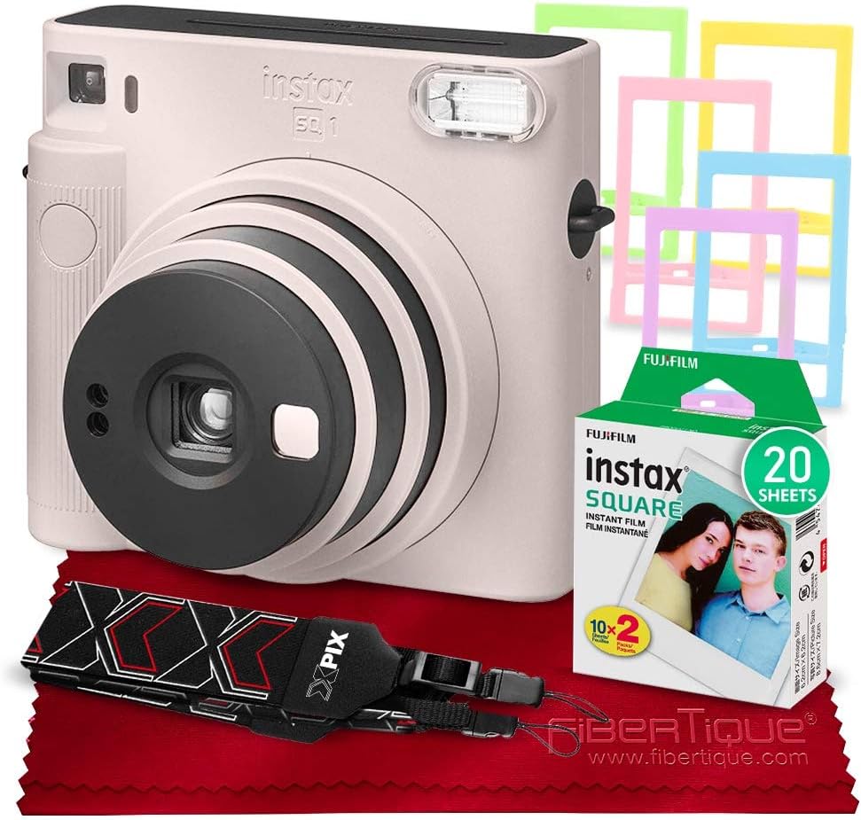 Glacier Blue Instant Camera Bundle with Square Instant Film (20 Exposures), Camera Strap, Color Plastic Frames H549