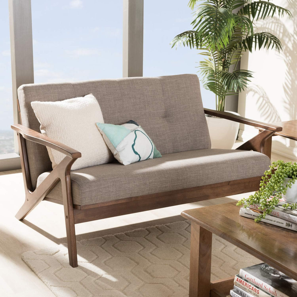 Light Grey Walnut Fabric Tufted 2-Seater Loveseat B204