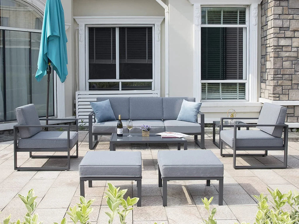 Gray Aluminum Patio Sectional Sofa Set with Table and Ottoman W32909