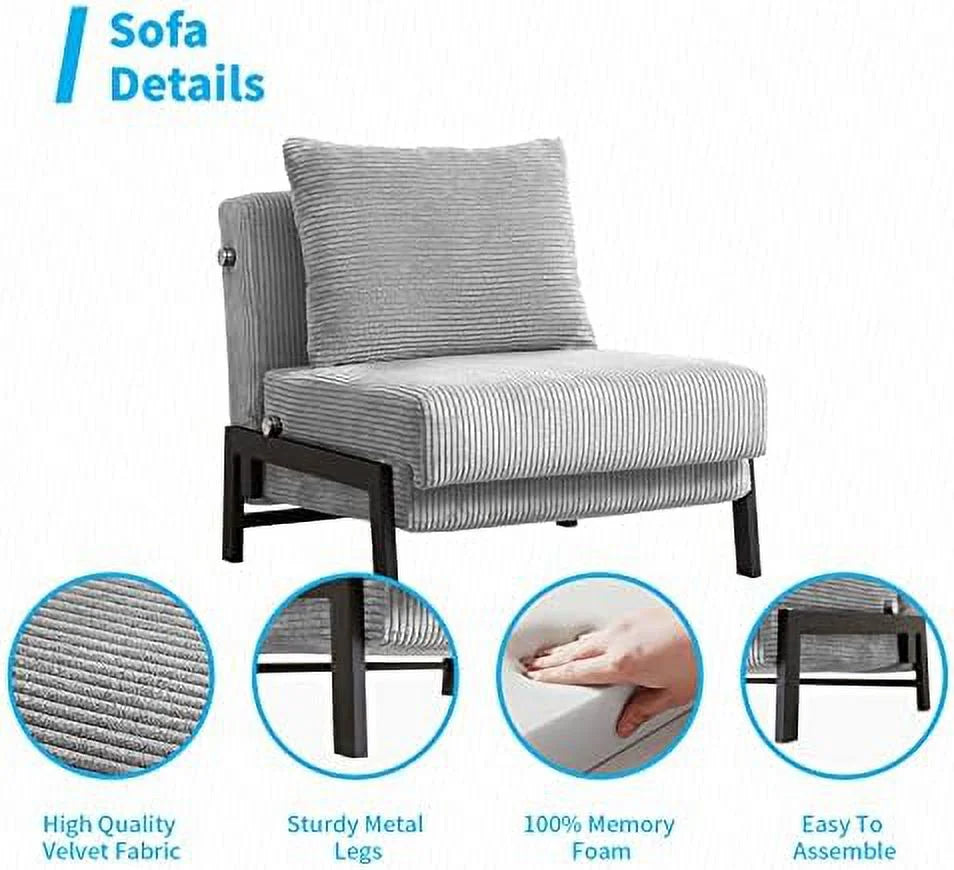 Convertible Futon Sofa Bed Memory Foam Sleeper Chair 2 in 1 Pull Out Couch Velvet Light Grey D7068