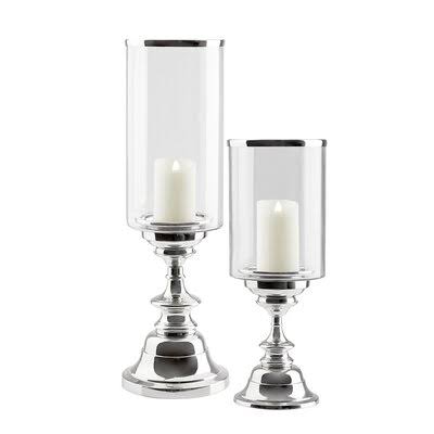 2 Piece Glass Tabletop Hurricane Set Silver N63857