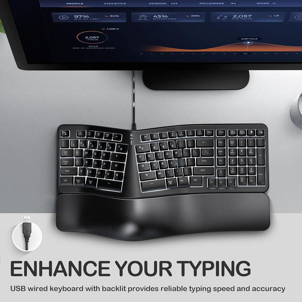 Backlit Wired Ergonomic Split Keyboard with Wrist Rest, 104 Keys P6976
