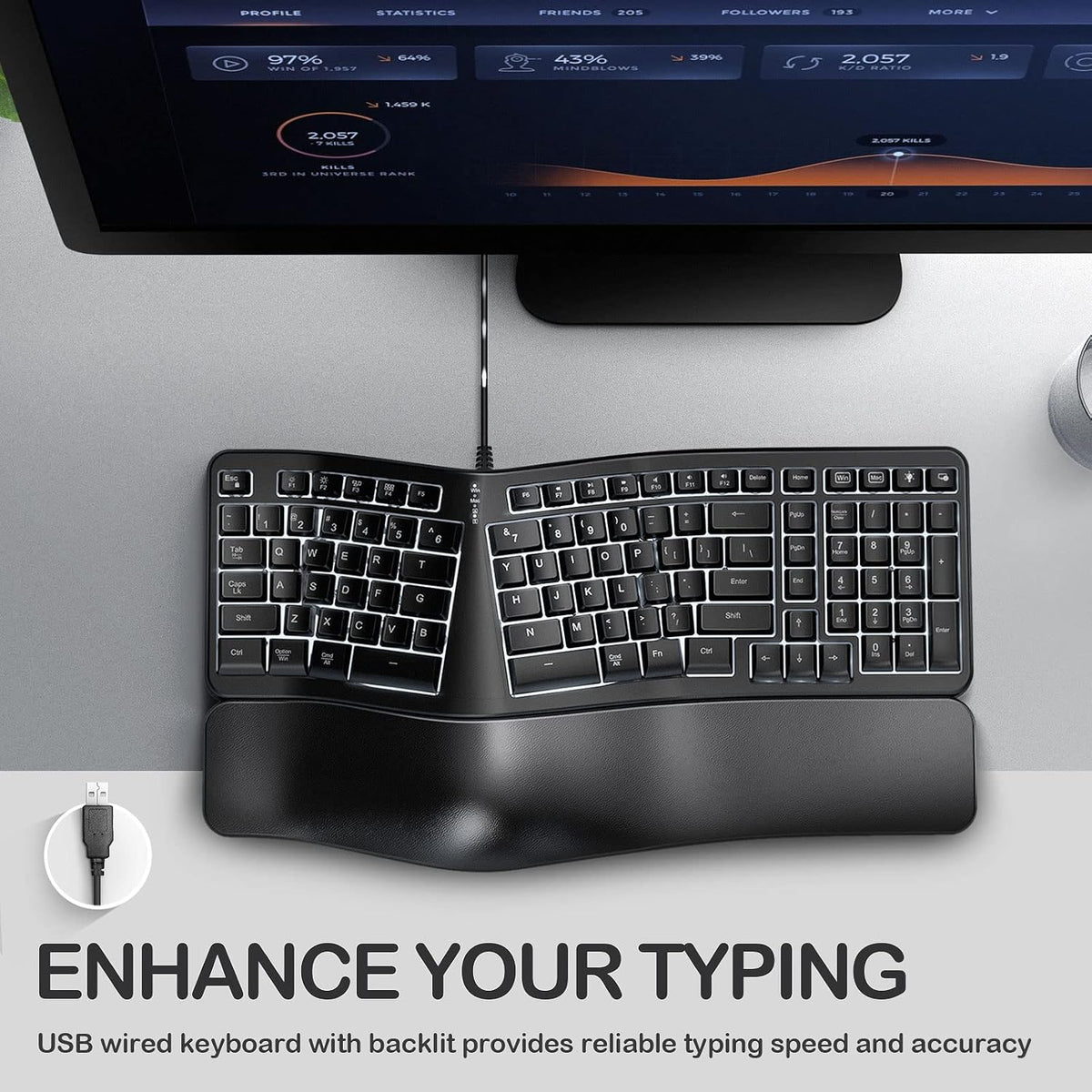 Backlit Wired Ergonomic Split Keyboard with Wrist Rest, 104 Keys P6976