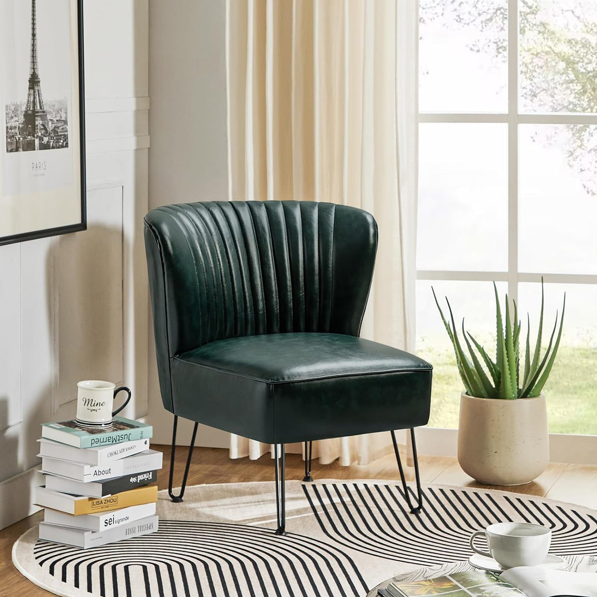 Green Faux Leather Armless Accent Chair with Metal Base V249