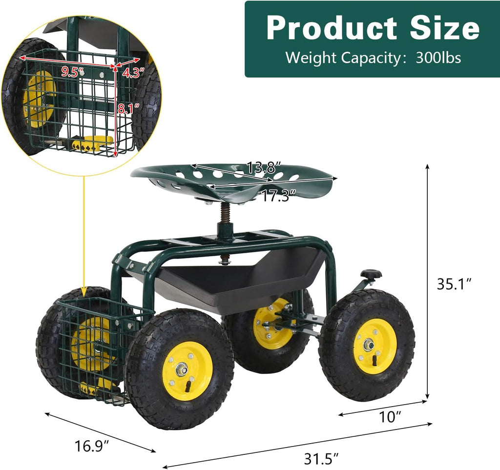Rolling Garden Stool Cart with Tool Storage Utility Basket N201