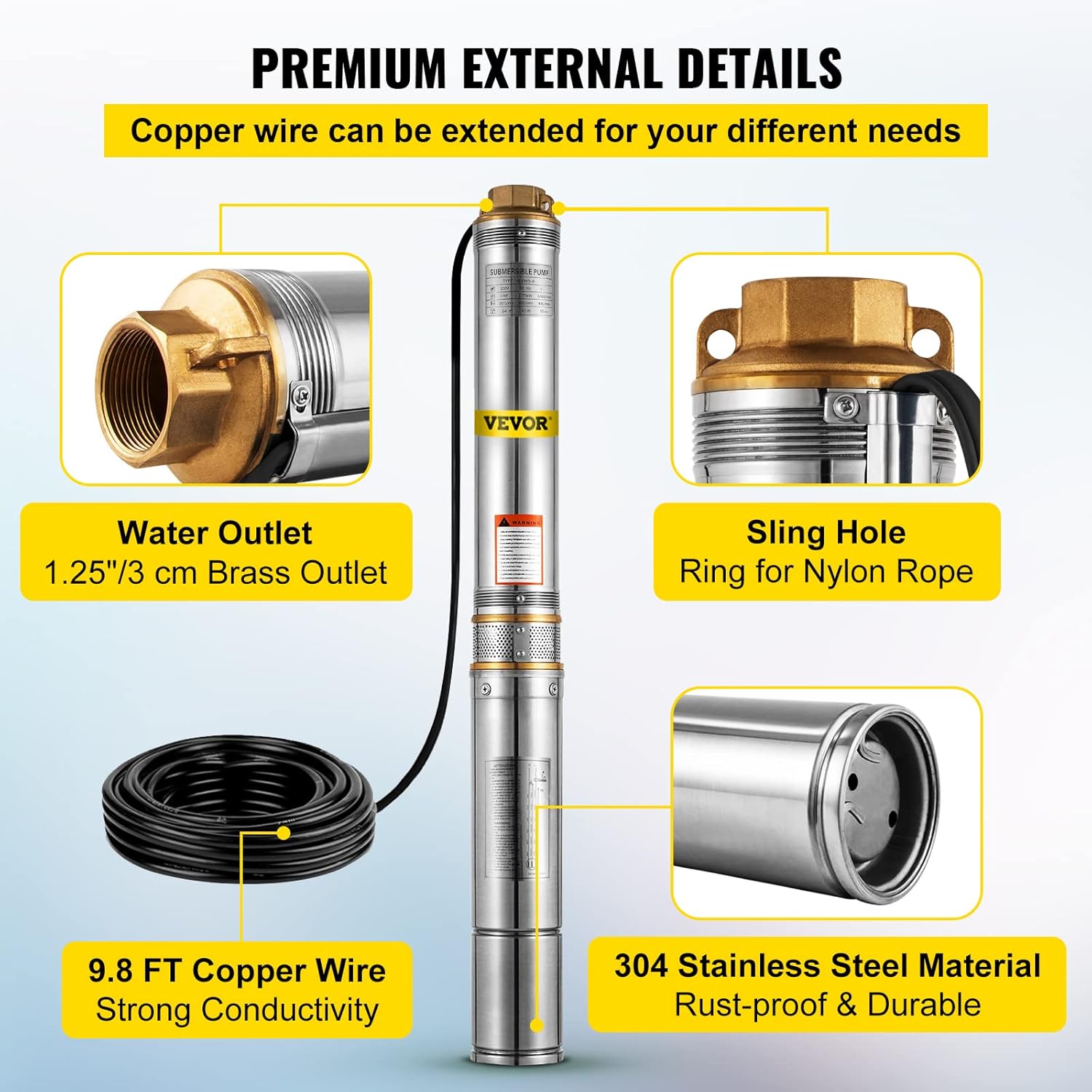 1 HP 33GPM 207ft Head 9.8ft Cable Stainless Steel Submersible Well Pump V95921