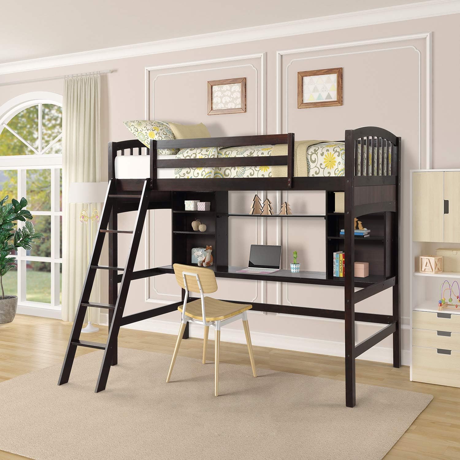 Solid Wood Twin Loft Bed with Desk and Bookshelf (Espresso) T9576