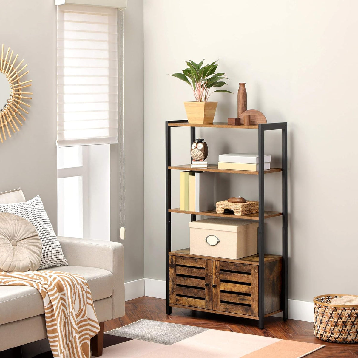 Rustic Brown 3 Shelf Storage Cabinet with 2 Louvered Doors K735