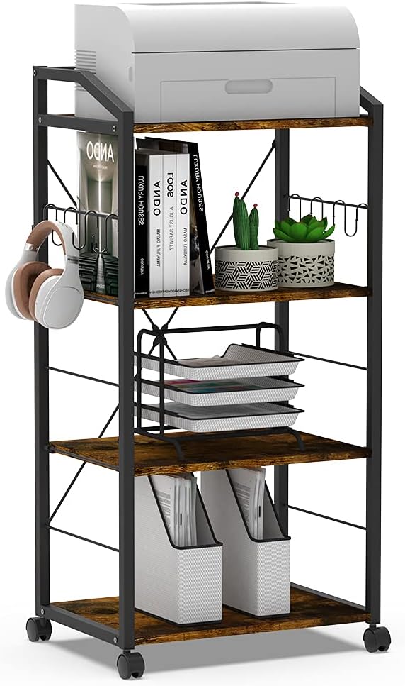 4-Tier Mobile Printer Stand Utility Cart Wooden Adjustable Shelves with 8 Hooks Caster Wheels V200939