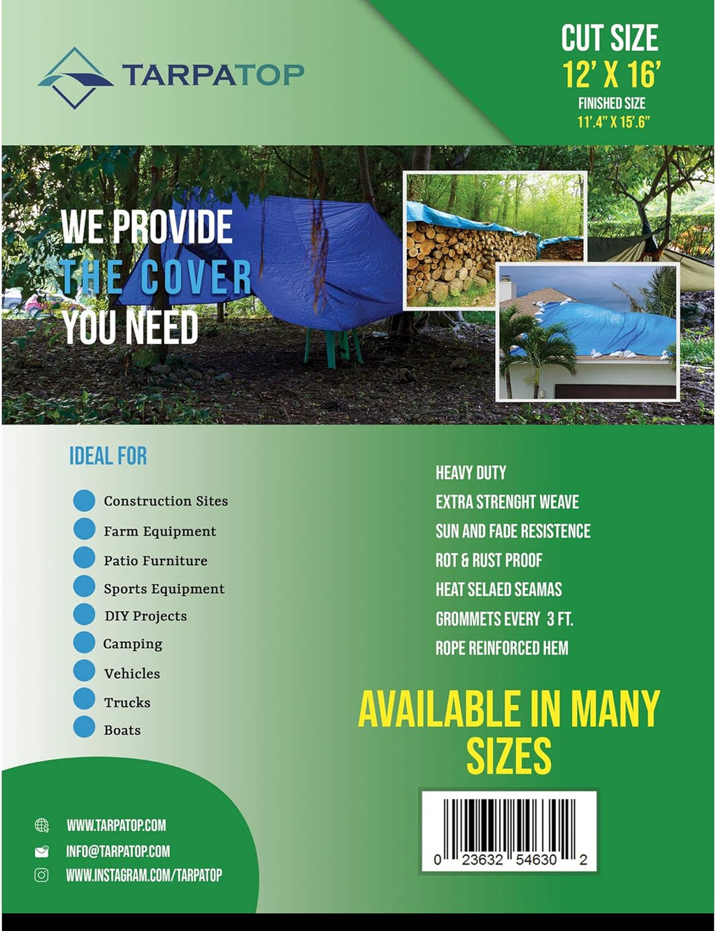 Waterproof Extra Heavy-Duty 12X16 Poly Tarpaulin with Aluminum Grommets 10 Mill L501