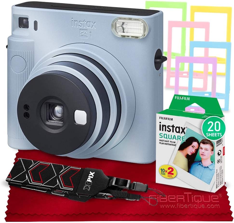 Glacier Blue Instant Camera Bundle with Square Instant Film (20 Exposures), Camera Strap, Color Plastic Frames H549